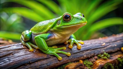 Green tree frog perched on a branch.