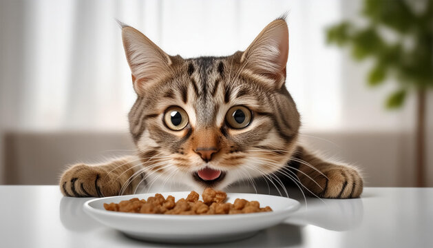 cat looking hungrily at its food on the table