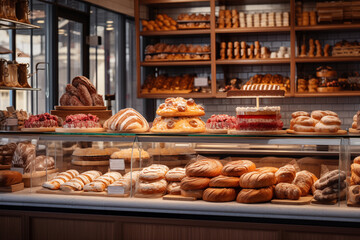 Freshly Baked Bread and Pastries Displayed in a Cozy Bakery with Wooden Shelves and Glass Counter