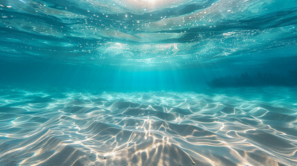 underwater scenery in shallow water with sea sand, created with generative AI technology