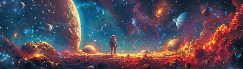 Fototapeta premium Wide-angle view of a space explorer in a cosmic kitchen, planetary ingredients floating around, surrealism meets everyday simplicity, vibrant colors, photorealistic digital art