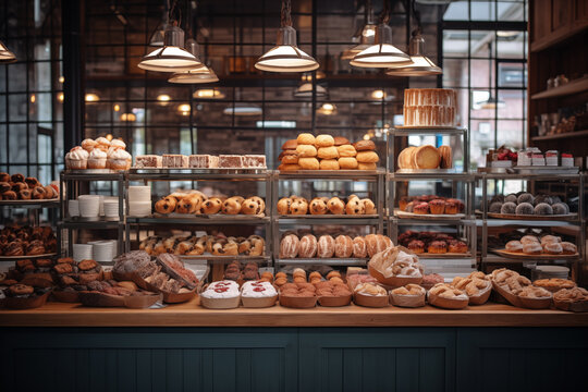 Cozy Artisan Bakery with Freshly Baked Bread and Pastries Displayed on Wooden Counter in Rustic Setting