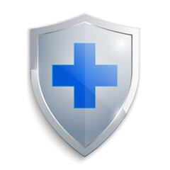Fototapeta premium Medical health protection shield with cross, healthcare medicine protected steel guard shield concept, safety badge steel icon, security safeguard metal label