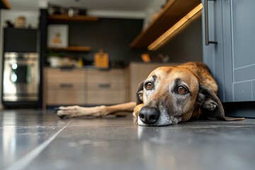 a dog lying in the kitchen, A Relaxed Dog Lying in a Cozy Kitchen: Creating the Perfect Pet-Friendly Space, The Peaceful Scene of a Dog Lounging in a Sunlit Kitchen: Tips for Pet Owners