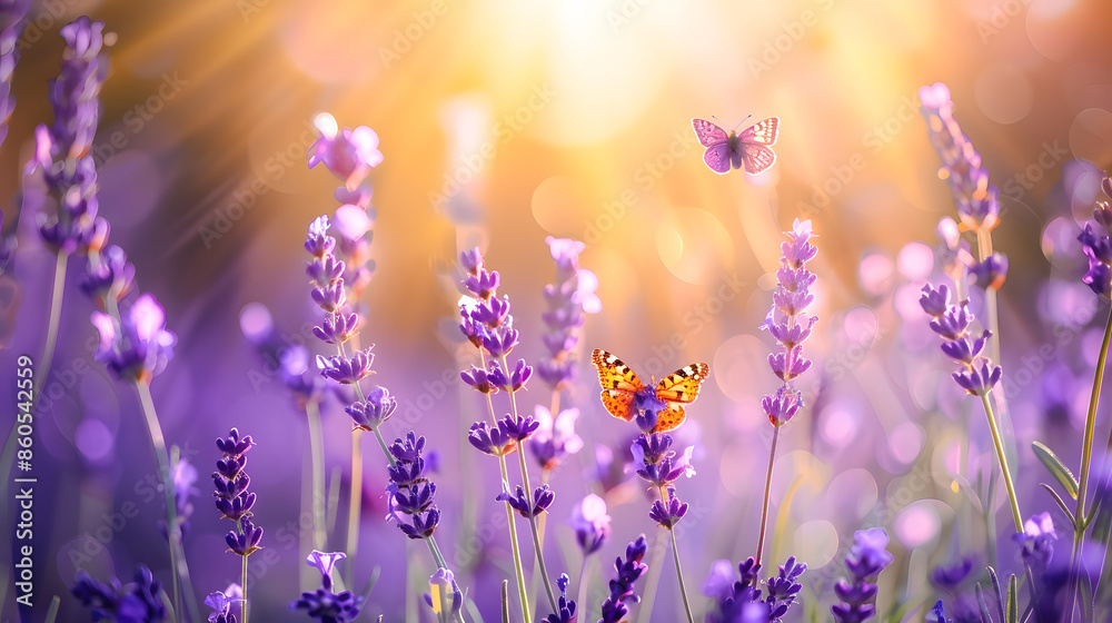 Poster amazing beautiful colorful natural scenery lavender flowers and two butterfly in rays of summer sunl