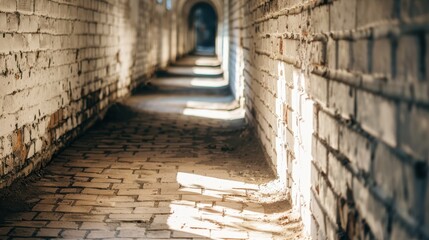 Close-up of a rustic brick wall in a narrow, warmly lit corridor. The textured bricks create a nostalgic, aged ambiance, with a shallow depth of field effect.