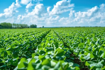 A vast field of green soya plants under the blue sky, representing agricultural innovation and technology in modern agriculture