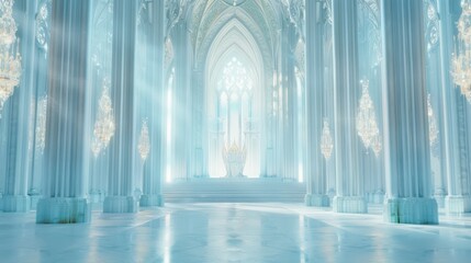 Ethereal ice palace with crystalline columns and delicate arches, bathed in cool blue light, creating a fantasy winter wonderland atmosphere.