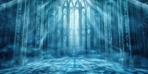 Obraz premium Sunlit gothic hallway with tall arches and intricate windows, casting dramatic light and shadows on the stone floor, evoking a historic and majestic ambiance.