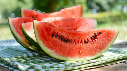 A close-up of a juicy watermelon sliced open, revealing its bright red flesh and black seeds, with a few slices arranged on a picnic tablecloth