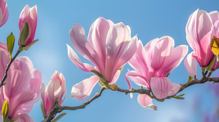 Pink Chinese or saucer magnolia flowers Magnolia x soulangeana against a blue sky Cambridge Massachusetts : Generative AI