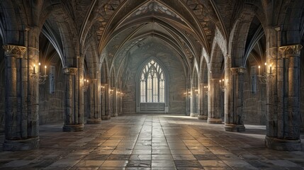 Fototapeta premium Arched ceiling of a grand church with intricate stonework and stained glass windows, creating a historic and sacred atmosphere.