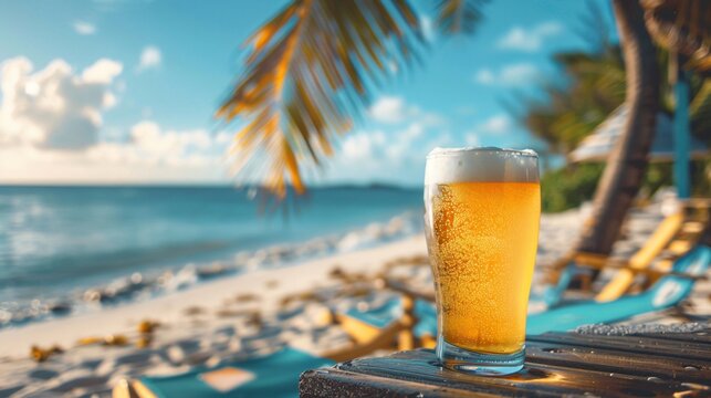 A close-up of a pint of golden beer with a frothy head, set on a beach bar counter, with a view of the ocean and beach chairs in the background