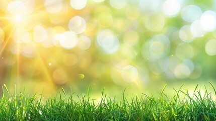 A bright, sunlit meadow with a bokeh effect, featuring dewy grass blades and warm golden sunlight, creating a serene and fresh atmosphere.