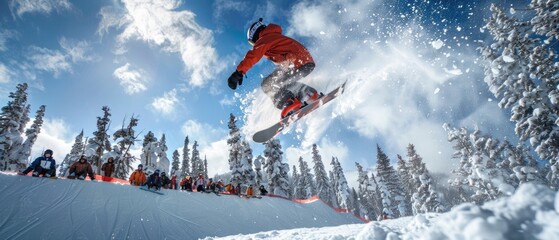 A snowboarder in a red jacket performs a mid-air trick against a backdrop of snow-covered trees and a blue sky.