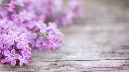 Fototapeta premium Purple lilac flowers arranged on a wooden table with scattered petals, creating a rustic and fresh spring atmosphere.