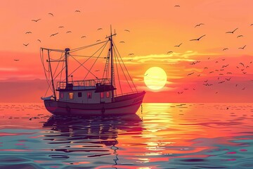 Obraz premium illustration cartoon of traditional fishing boat on sunrise background 