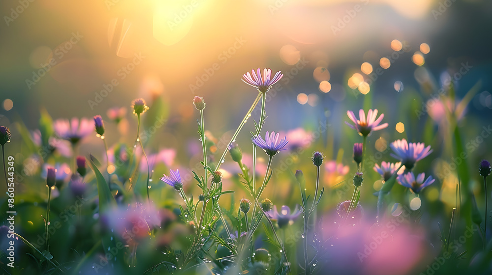 Poster morning summer or spring beautiful wildflowers with dew drops at dawn light blur selective focus sha