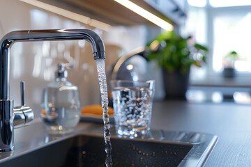 Modern Kitchen with Sleek Faucet Water Filter System for Pure Drinking Water