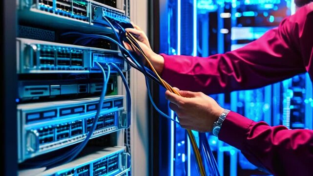 A person wearing a purple shirt is shown connecting a cable to a piece of networking equipment in a server room.