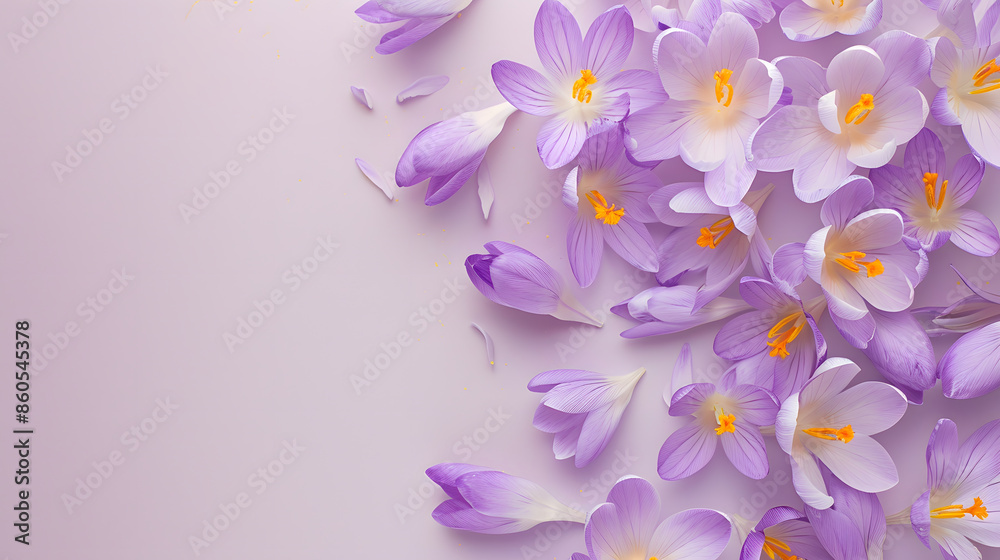 Poster flower layout from spring flowers crocus on a pastellilac background Top view and copy space : Generative AI
