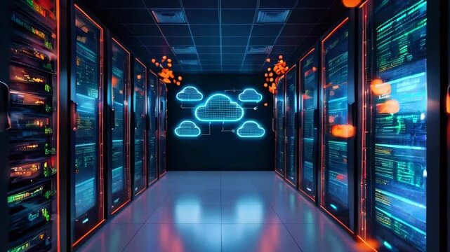 A futuristic view of a server room with glowing blue and red lights and a glowing blue cloud in the center.