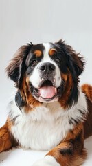 Happy Saint Bernard Dog Lying Down on White Background Generative AI