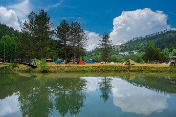People Pitching Tents in Azdavay Camping Area in K&uuml;re Mountains National Park.