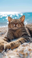 Obraz premium Summer Fun: Cat Soaking Up the Sun on the Beach Generative AI