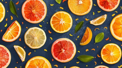 A vibrant pattern of sliced oranges, grapefruits, and lemons on a blue background with green leaves.