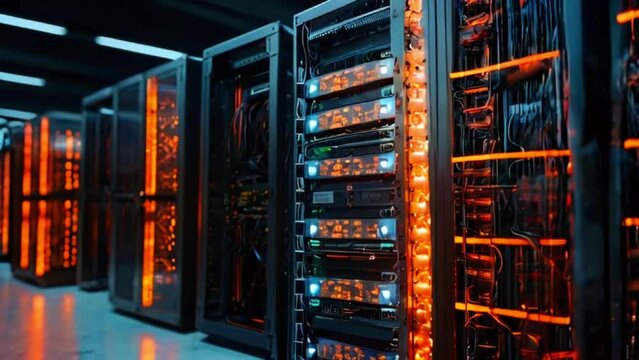 A dark room filled with tall metal server racks with bright orange lights.