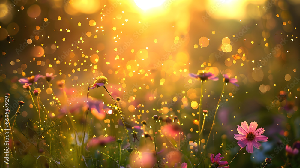 Poster morning summer or spring beautiful wildflowers with dew drops at dawn light blur selective focus sha