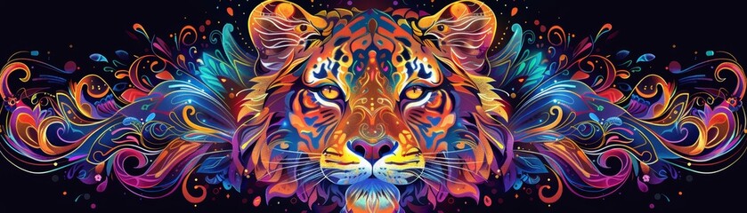 Abstract tiger face surrounded by colorful swirls.