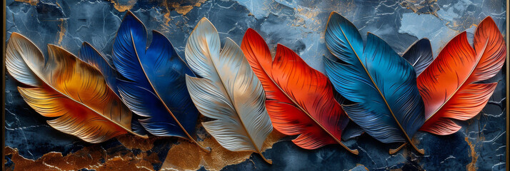 Obraz premium panel wall art, wall decoration, marble background with feather designs