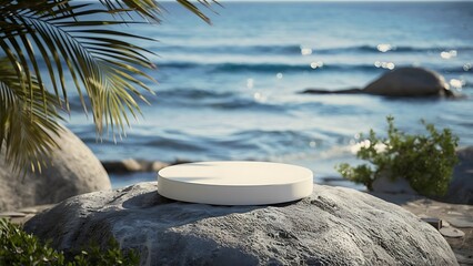 Seaside podium, palm leaf: empty stage for product unveiling.