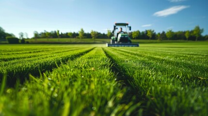 Large Lawn Mower Creating Perfectly Straight Rows on Sunny Day in Vast Green Field