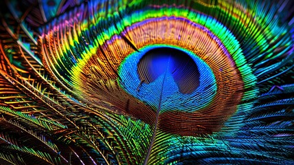 Obraz premium Stunning peacock feather with vibrant colors and intricate patterns. Perfect for a captivating banner, poster, or advertisement with ample space for your message.