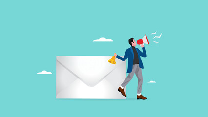 email notification or newsletter vector illustration, customer follow-up or announcements of promotions and discounts or flash sales via email, smart businessman using megaphone to give notification