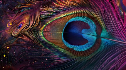 Fototapeta premium Stunning peacock feather with vibrant colors and intricate patterns. Perfect for a captivating banner, poster, or advertisement with ample space for your message.