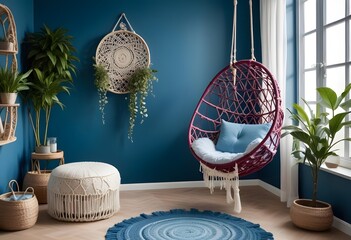 interior design style- reading nook with a hanging rattan chair, cozy floor pouf, and a macrame wall hanging