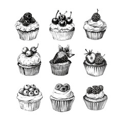 Hand drawn cupcakes, set of vintage food sketches, isolated on white background.