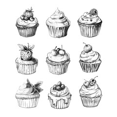 Hand drawn cupcakes, set of vintage food sketches, isolated on white background.