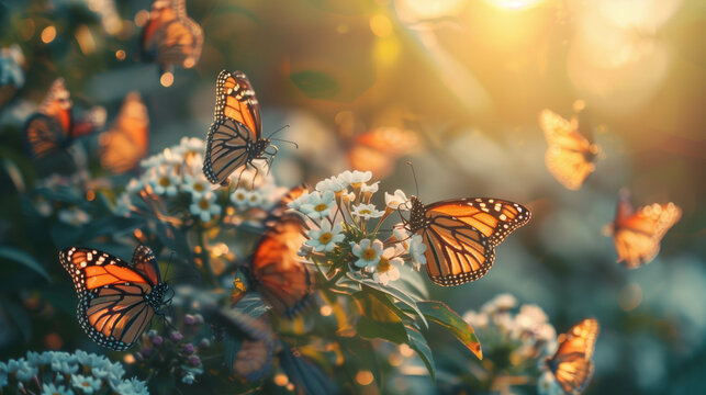 Fototapeta beautiful monarch butterflies gathered on a flowering bush,