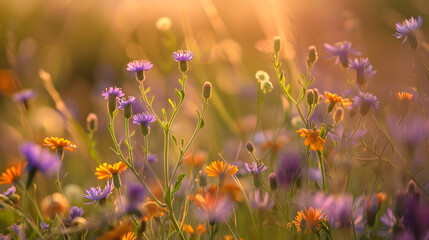 Colorful flowering herb meadow with purple blooming phacelia orange calendula officinalis and wild chamomile Meadow flowers photographed landscape format suitable as wall decoration in : Generative AI