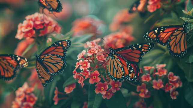 Fototapeta beautiful monarch butterflies gathered on a flowering bush,