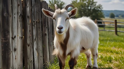 A realistic image of a goat standing in a green pasture on a sunny day. The goat has a white coat with brown patches and curved horns