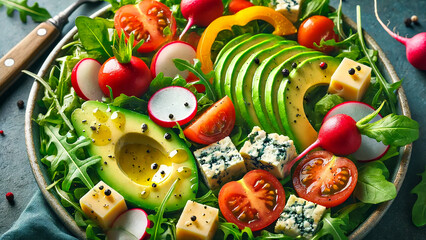 healthy arugula salad with avocado slices, radish, bell pepper, tomato,