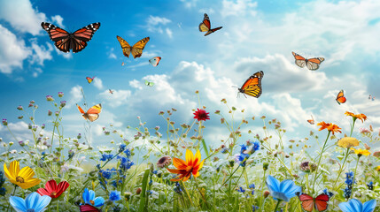 butterflies flying over a lush,