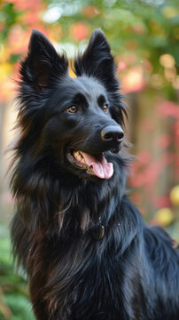 A black dog with a black collar is standing in front of a tree protecting owners