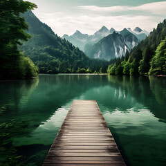 Serene lake with wooden pier surrounded by trees